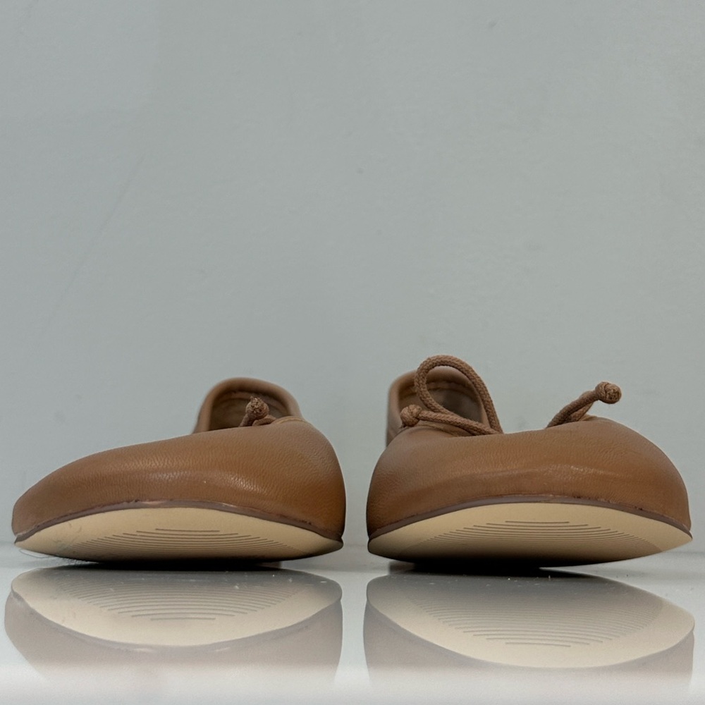 Women's Tan Leather Ballet Flats with Bow - Picture 4 of 15